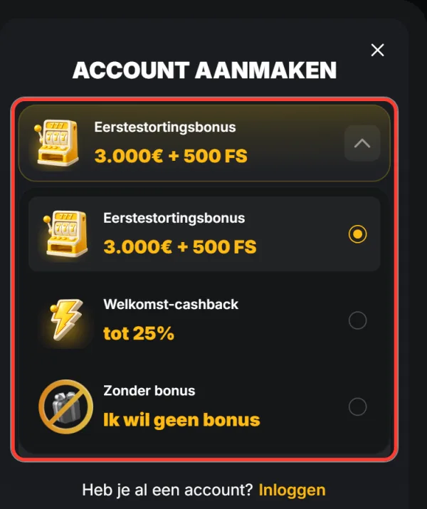 Keuzelijst met Eerstestortingsbonus, Welkomst-cashback en Zonder bonus bij registratie