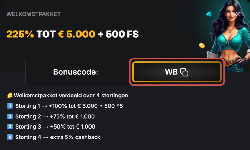 Venster van het welkomstpakket met de bonuscode WB om te kopiëren