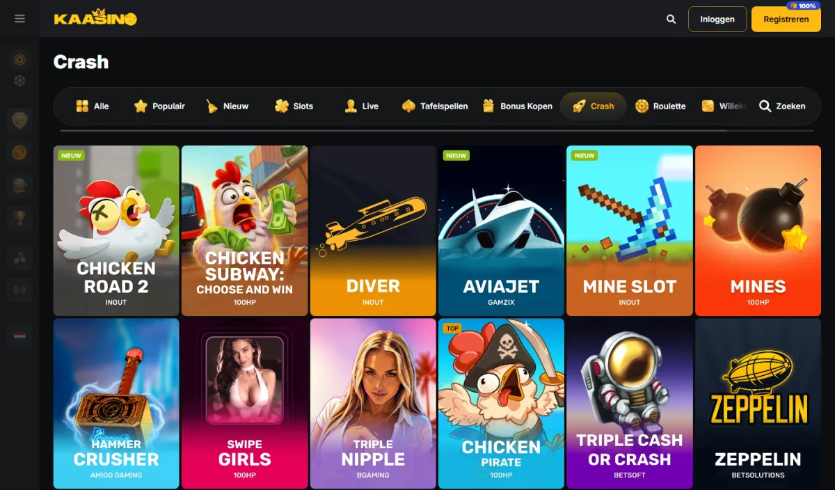 Crash games in de lobby, zoals Chicken Pirate, Mines en Zeppelin