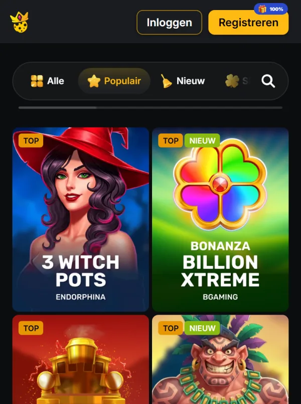 Mobiele lobby van Kaasino met populaire spellen en de navigatiebalk