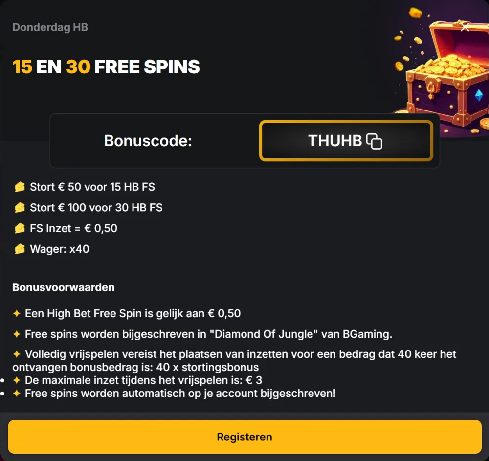 Voorwaarden van Donderdag HB met 15 of 30 free spins en code THUHB