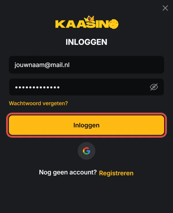Gele knop Inloggen onder de ingevulde velden