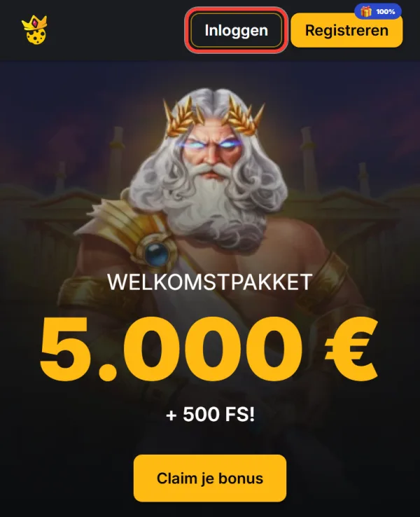 Knop Inloggen in de kop van de mobiele site van Kaasino
