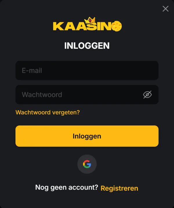 Nederlands inlogvenster van Kaasino met e-mail, wachtwoord en Google