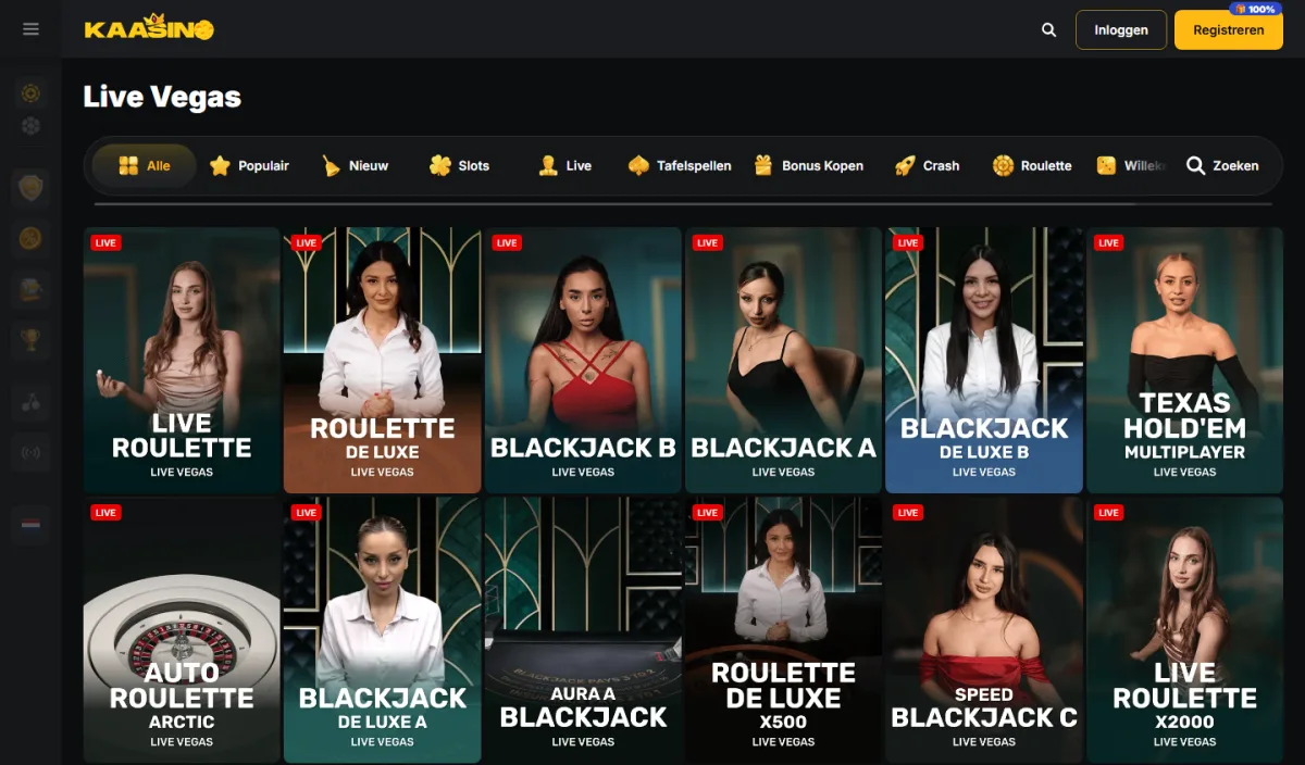 Live tafels van Live Vegas met blackjack, roulette en Texas Hold'em
