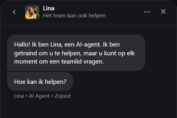 Live chat waarin AI-assistent Lina het gesprek in het Nederlands opent