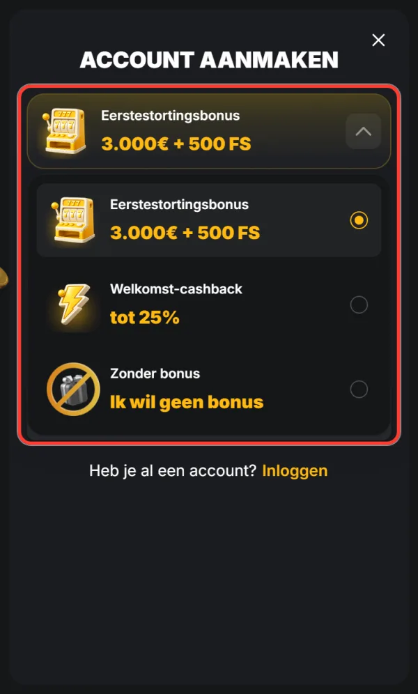 Geopende keuzelijst met welkomstbonussen in het venster Account aanmaken