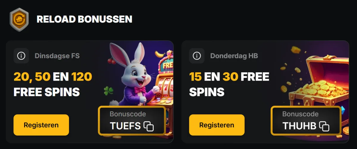 Reload bonussen Dinsdagse FS en Donderdag HB met de codes TUEFS en THUHB