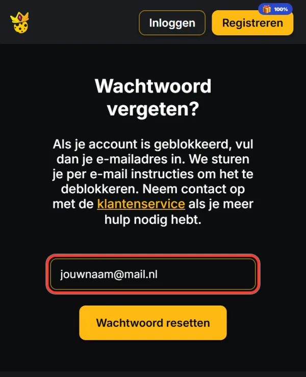E-mailveld op de pagina Wachtwoord vergeten van Kaasino